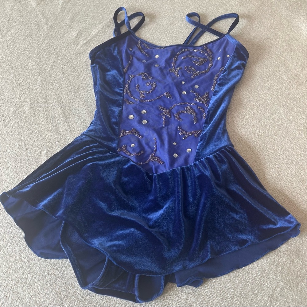 Capezio Blue Velvety Ice Skating Dress Costume Strappy Sleeveless Embellished M